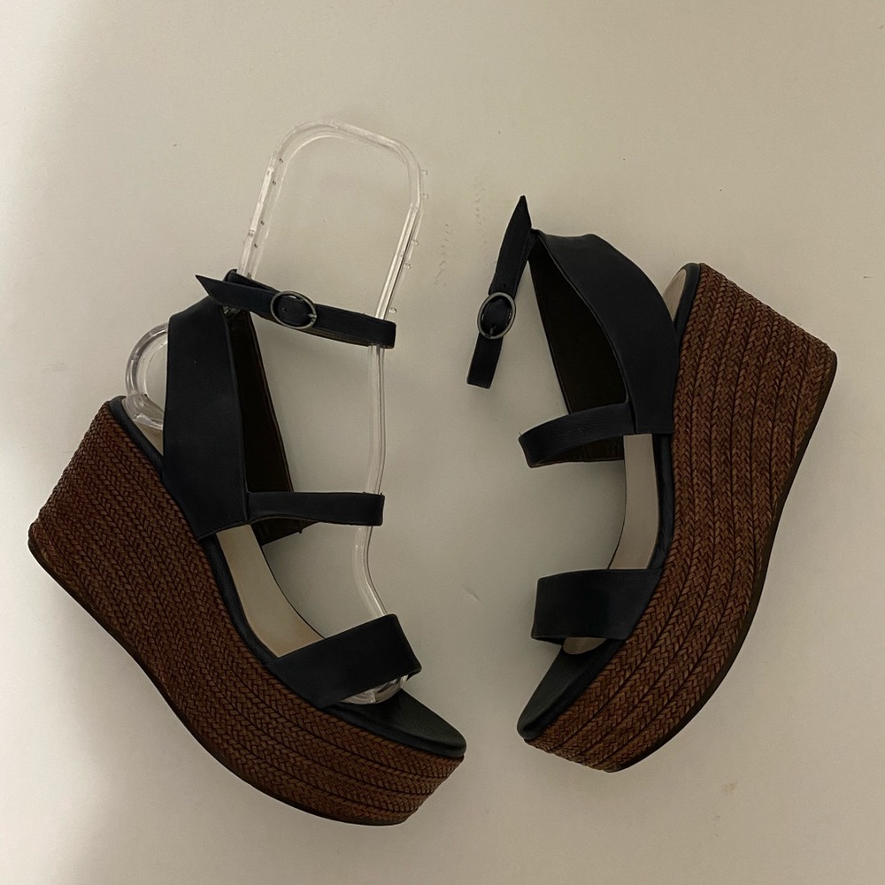 Coclico navy blue leather platform wedge sandals